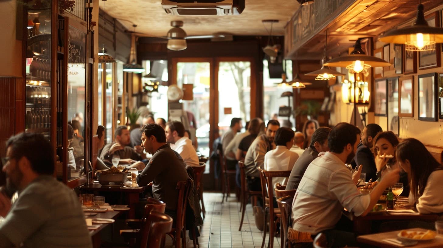 Diners at a busy, warmly lit neighborhood restaurant