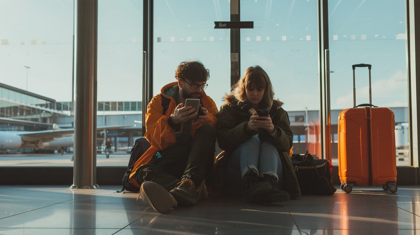 A couple sitting on the floor of an airport terminal next to an orange suitcase, both looking at their phones